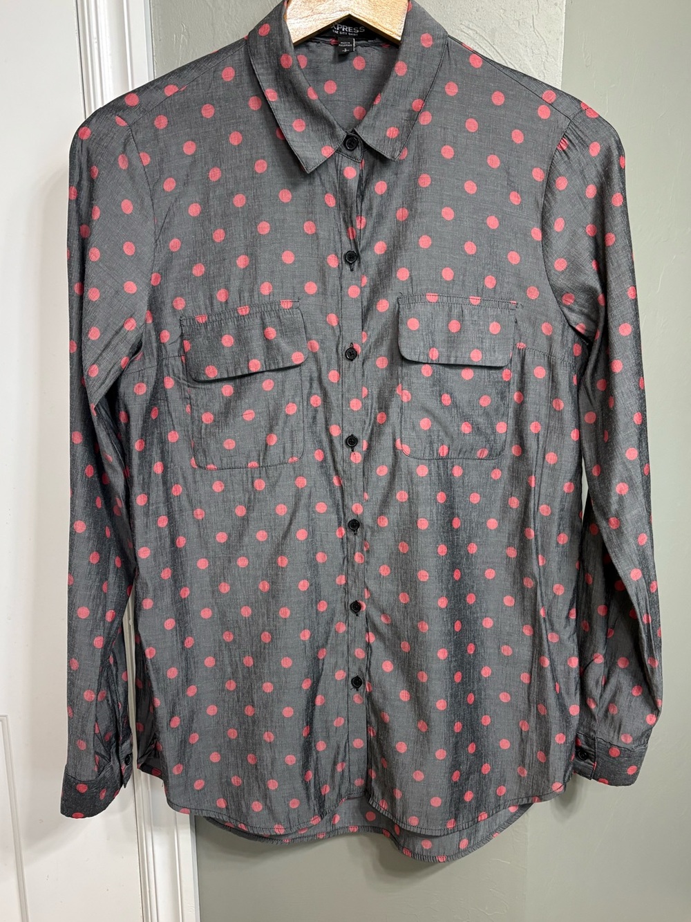 Express Gray Button-Down Shirt with Pink Polka Dots